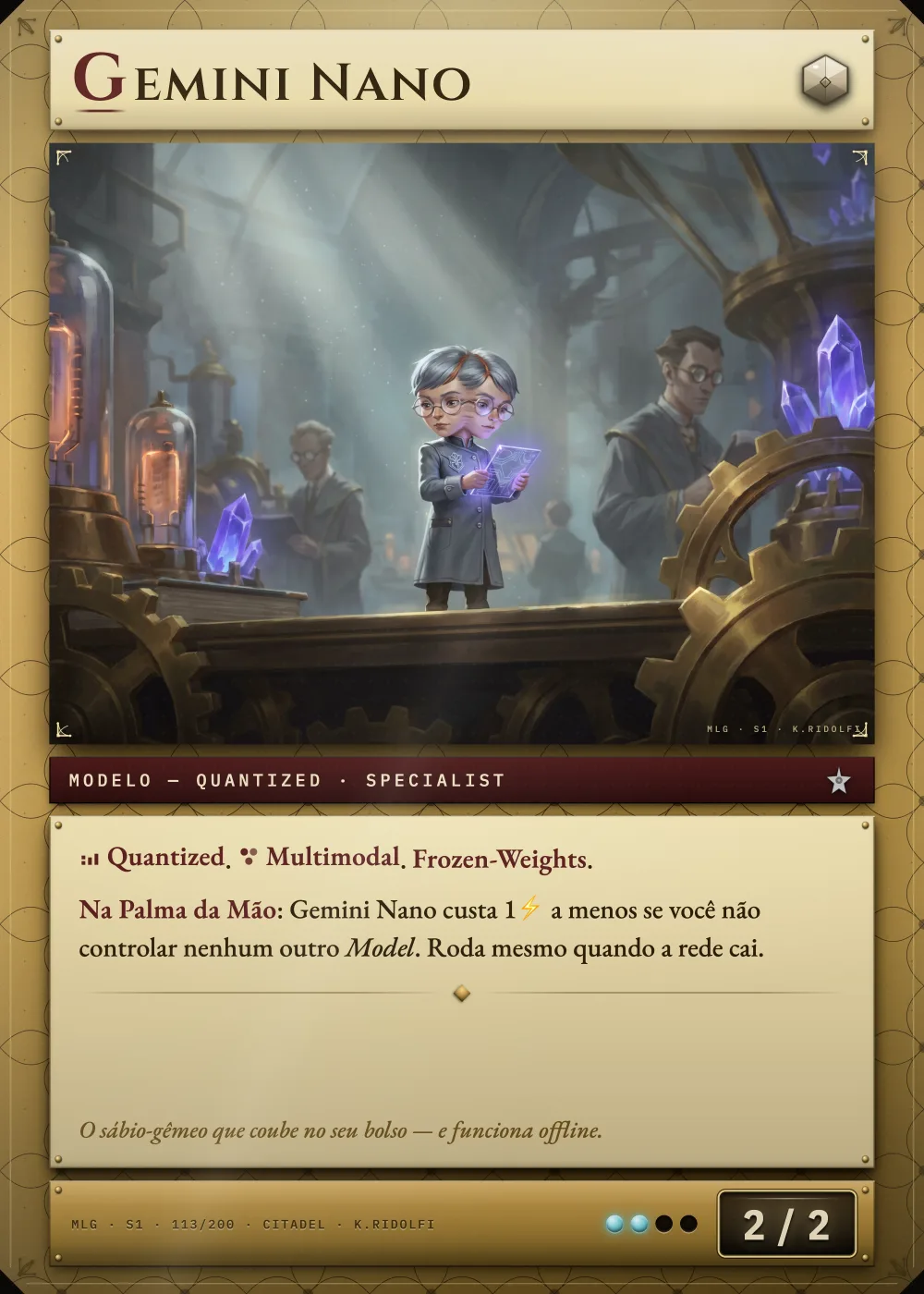 Arte completa da carta Gemini Nano, do set S1 de Magik LLM Gathering