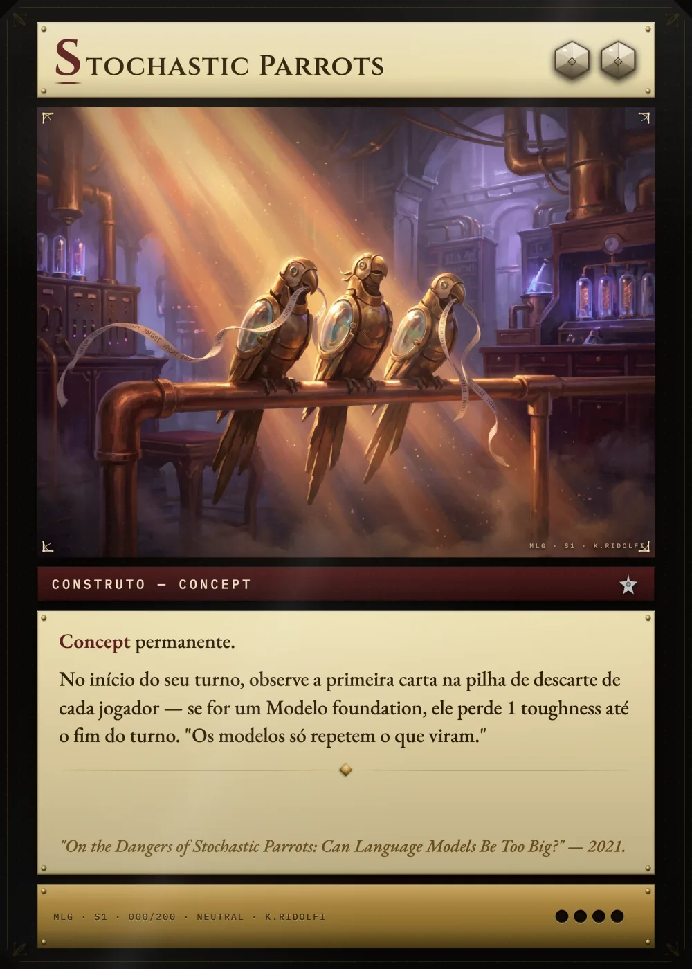 Arte completa da carta Stochastic Parrots, do set S1 de Magik LLM Gathering
