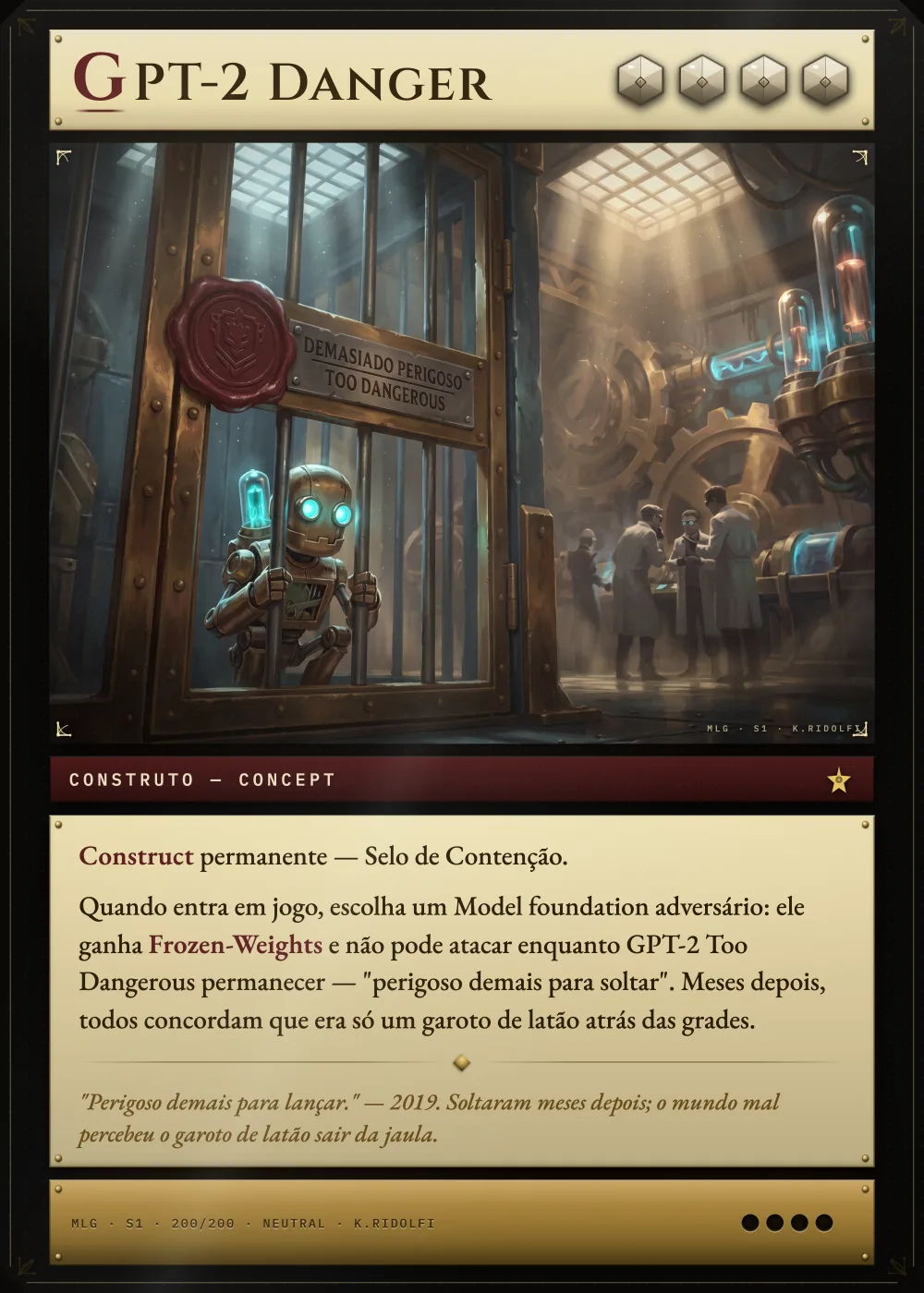 Arte completa da carta GPT-2 Too Dangerous, do set S1 de Magik LLM Gathering