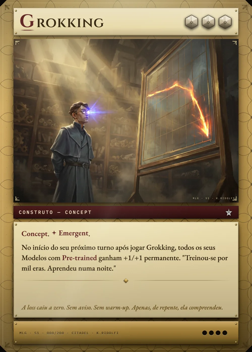 Arte completa da carta Grokking, do set S1 de Magik LLM Gathering